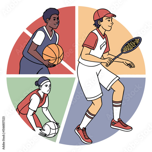Illustration showing three athletes playing basketball, volleyball and badminton in a segmented circle