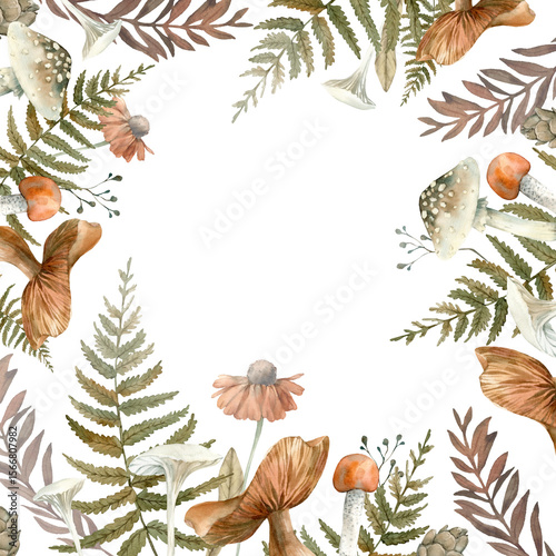 Autumn frame with forest plants. Isolated on white background border with mushrooms, fern, red leaves, butterfly, bump and branches. Hand drawn with watercolor. Template for postcards 