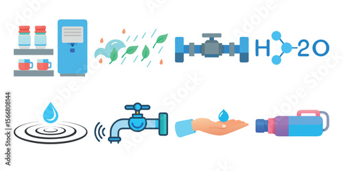 Water Related Elements: A stylized collection of water-related icons, including water droplet, water source, water cycle and more, providing a visual metaphor for concept