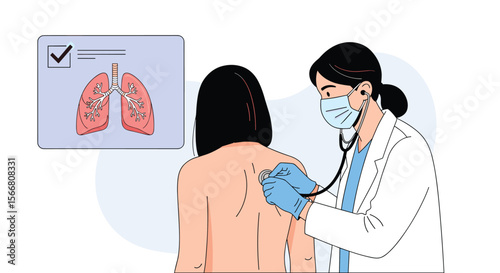 Doctor examining patient lungs with stethoscope showing medical chart with lungs illustration and checkmark detailed diagram
