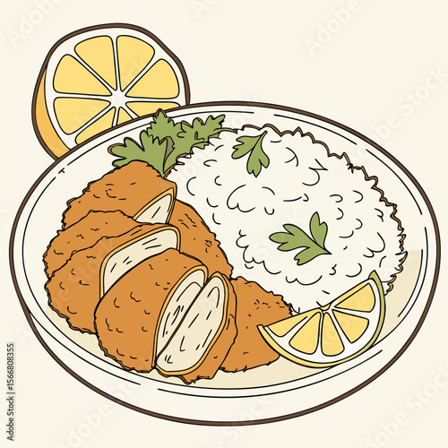 Breaded schnitzel served with rice and lemon