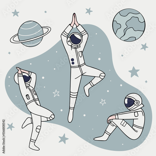 Three astronauts doing yoga poses with planets and stars in a light blue space background art