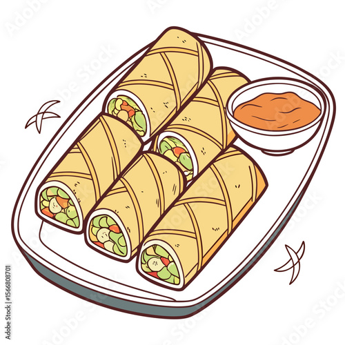 Several spring rolls with sauce isolated on white background
