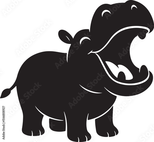 Cartoon hippo with wide open mouth and closed eyes on white background art
