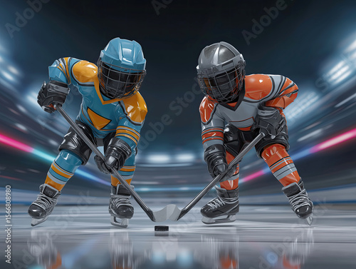 Two young hockey players in colorful uniforms are competing on the ice rink, focused on the puck, showcasing teamwork and athleticism in a dynamic sports environment