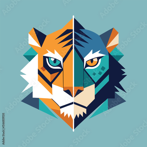Abstract Tiger Face Split with Geometric Shapes – Modern Wild Animal Art. Tribal Patterned Wildlife Head Vector Illustration