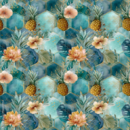 Watercolor Tropical Pineapple and Leaves Seamless Pattern