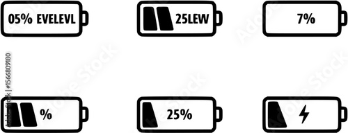 Battery level icon set. Charge status symbol with 0, 25, 50, 75 percent and charging sign. Power level indicator for app or UI. Transparent PNG and vector illustration.