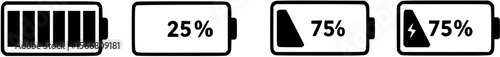 Battery level icon set. Charge status symbol with 0, 25, 50, 75 percent and charging sign. Power level indicator for app or UI. Transparent PNG and vector illustration.