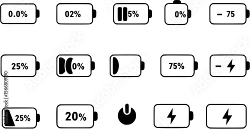 Battery level icon set. Charge status symbol with 0, 25, 50, 75 percent and charging sign. Power level indicator for app or UI. Transparent PNG and vector illustration.