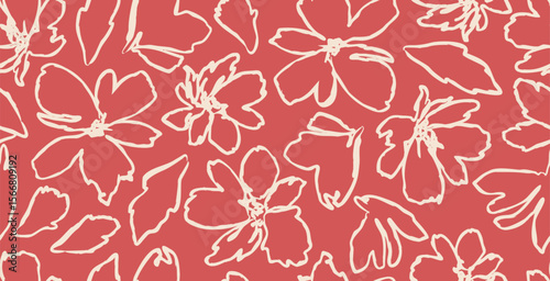 Hand drawn abstract floral lines pattern. Daisy seamless background. Modern flower illustrations for textile design, fabric printing, packaging, wallpaper, decoration, cards and posters.
