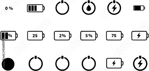 Battery level icon set. Charge status symbol with 0, 25, 50, 75 percent and charging sign. Power level indicator for app or UI. Transparent PNG and vector illustration.