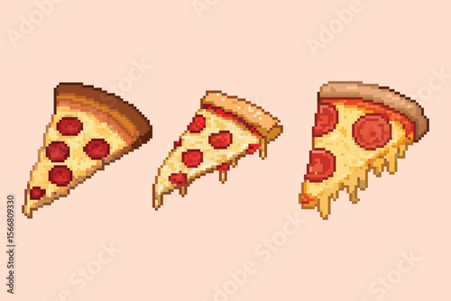 Pixel Art Pepperoni Pizza Slice Set Retro Food Icon. A set of delicious 8-bit style pixel art pepperoni pizza slices.
