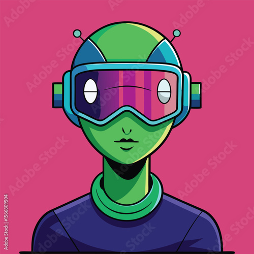 Futuristic Alien Head with VR Headset and Glitch Effects. Cyberpunk Digital Art, Sci-Fi Virtual Reality Techno Illustration.
