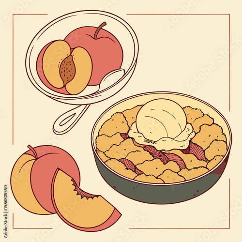 Peach cobbler with ice cream and fresh peaches