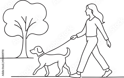 Girl walking dog in park with tree background outlined sketch in clean style