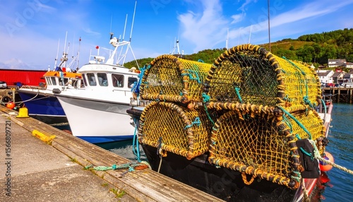 Fishing boats at a harbor with lobster traps, under a blue sky