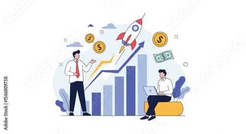Illustrating financial growth and business success with entrepreneurs analyzing market trends and strategic planning
