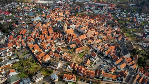 Fototapeta Naklejka Na Ścianę i Meble -  Aerial view of the downtown of the city Alsfeld, 36304 in Germany on a sunny afternoon in autumn