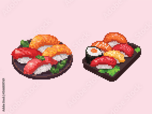 Pixel Art Sushi Platter Set Japanese Food Icons. A detailed set of 8-bit style pixel art sushi platters, showcasing traditional Japanese cuisine.