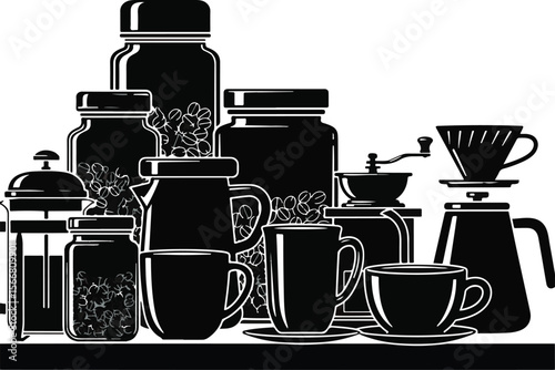 Black and white illustration of coffee brewing equipment and cups with coffee beans