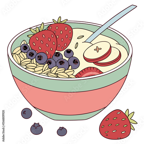 A bowl of oatmeal with fresh fruits isolated on white background