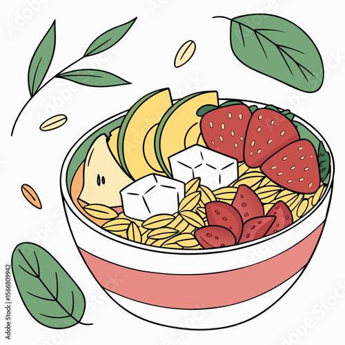 Cartoon cereal bowl with fruit isolated on white background