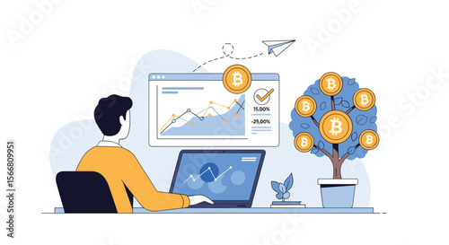 Analyzing digital currency market trends and observing cryptocurrency growth potential through a laptop and computer screen showing charts and graphs and a money tree symbolizing wealth accumulation