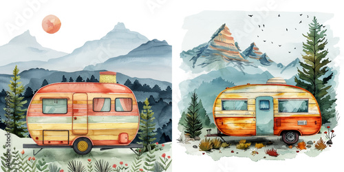 retro camper wagon with view mountain watercolor vector illustration