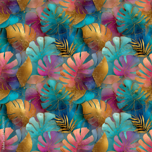 Colorful Tropical Pattern wit Palm Leaves