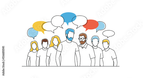 Illustrating diverse individuals participating in dynamic conversations with bubbles representing ideas and communication flow