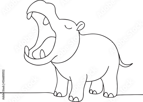 Funny hippo cartoon sketch with closed eyes and wide open smile on white