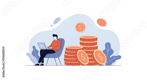 Illustrating financial prosperity and wealth accumulation through online digital platforms and investments creating passive income streams