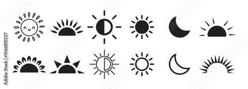  Sun Icons Set. Summer, Sunrise, and Weather Symbol Collection. Victor illustration eps 10