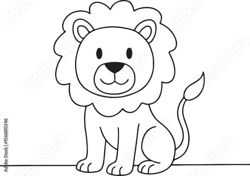 Smiling lion line art cartoon sketch with mane detail isolated on white