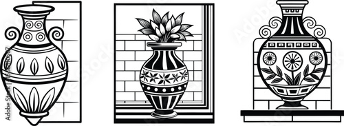 Collection of decorative vases with floral designs in black and white.