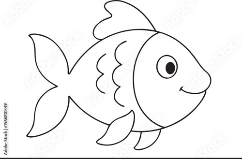 Outlined cartoon fish drawing in playful pose with smile on white surface