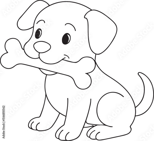 Cartoon puppy with bone in mouth cute line sketch illustration on white