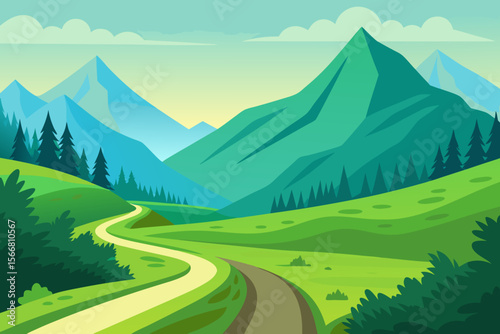 Scenic Dirt Road Through Lush Green Valley and Misty Mountains