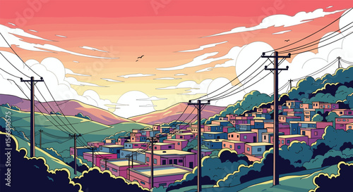 Pixelated sunset over a mountainous village with power lines a scenic view of a small settlement bathed in warm evening light
