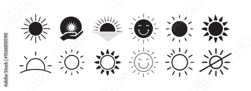  Sun Icons Set. Summer, Sunrise, and Weather Symbol Collection. Victor illustration eps 10