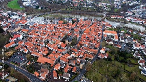 Fototapeta Naklejka Na Ścianę i Meble -  Aerial view of the downtown of the city Melsungen, 34212, in Germany on a sunny noon in autumn