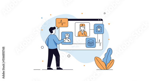 Digital health technology and patient care management interconnected medical professionals and health monitoring systems simplified