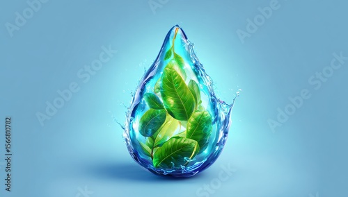 Refreshing Water Drop Nature's Essence Captured in a Pristine Water Droplet with Green Leaves Inside