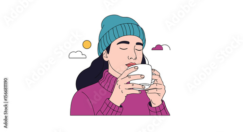Cozy person enjoying a warm beverage on a chilly day wearing winter accessories and relaxing outdoors surrounded by clouds and sun