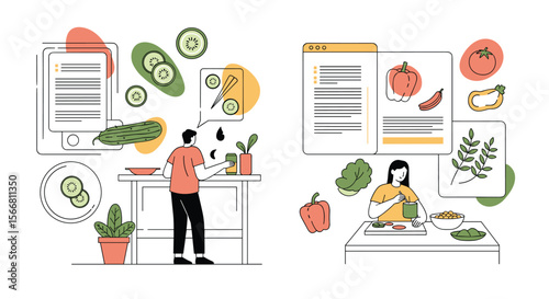 Creative illustration of people preparing fresh healthy foods and following digital recipes on their devices