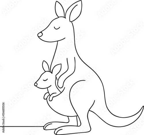 Mother kangaroo with baby in pouch cartoon line sketch on white background