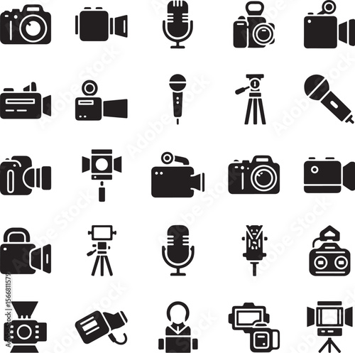 Collection of black silhouette icons for cameras microphones and lighting equipment
