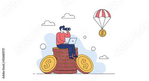 Man sitting on stack of coins with laptop and binoculars looking for financial opportunities as money falls from parachute overhead