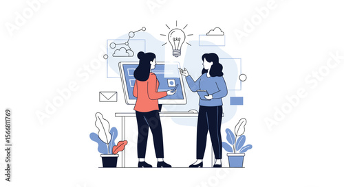 Two women discussing ideas developing a project together in a collaborative work environment inspiring innovation and teamwork